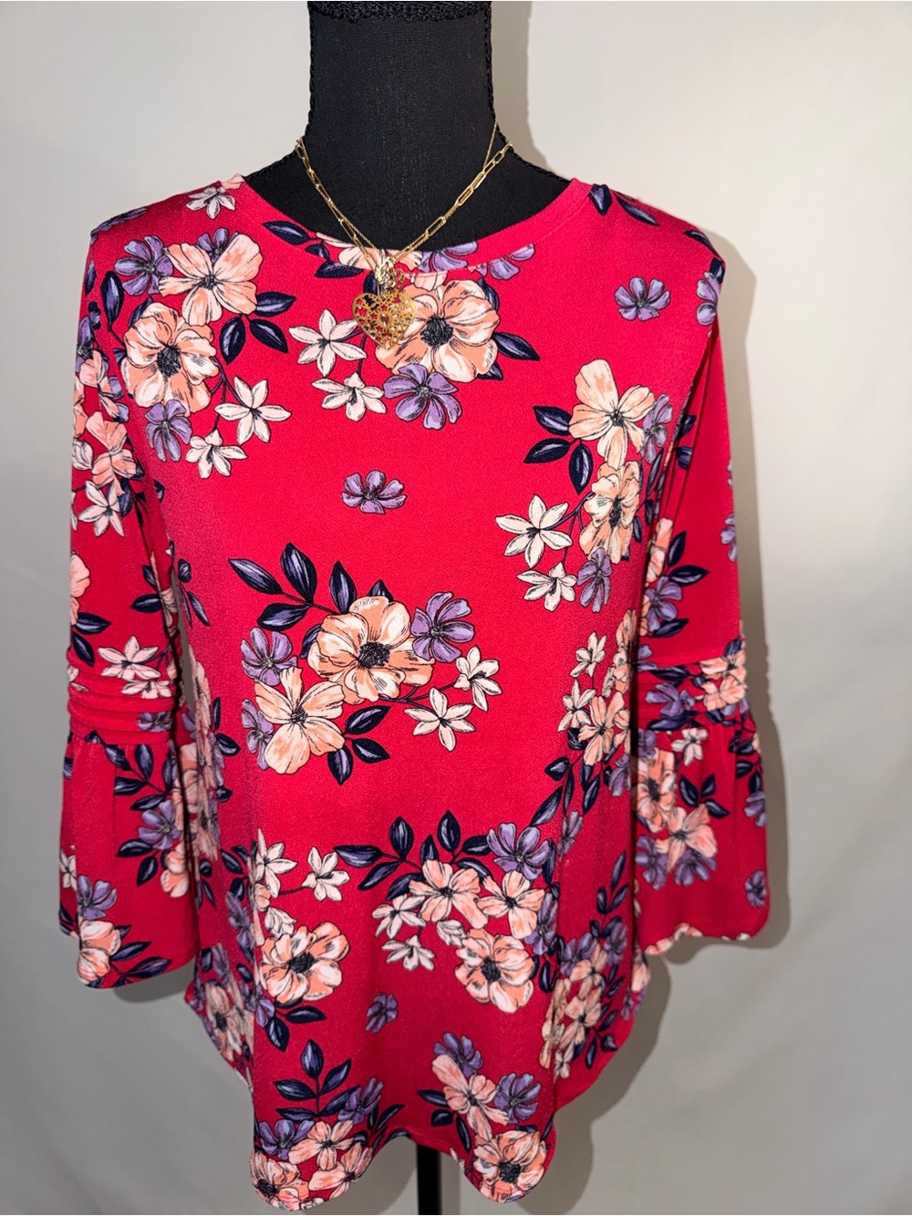 Elle Red Floral Bell-Sleeve Blouse